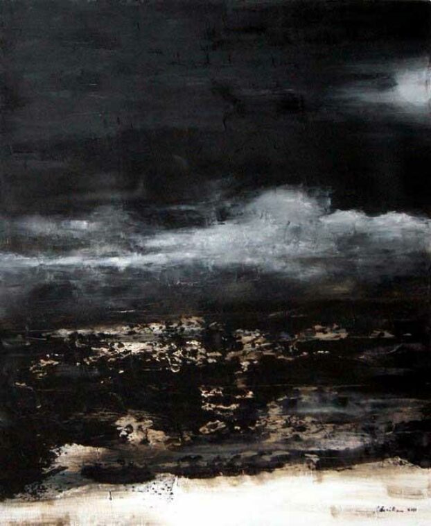 Peinture huile sur toile - Vol de nuit - L54 x H65 cm